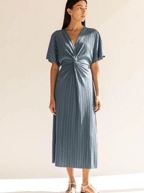 Oak + Fort Front Knot Pleated Midi Dress Bluefin Slate Blue